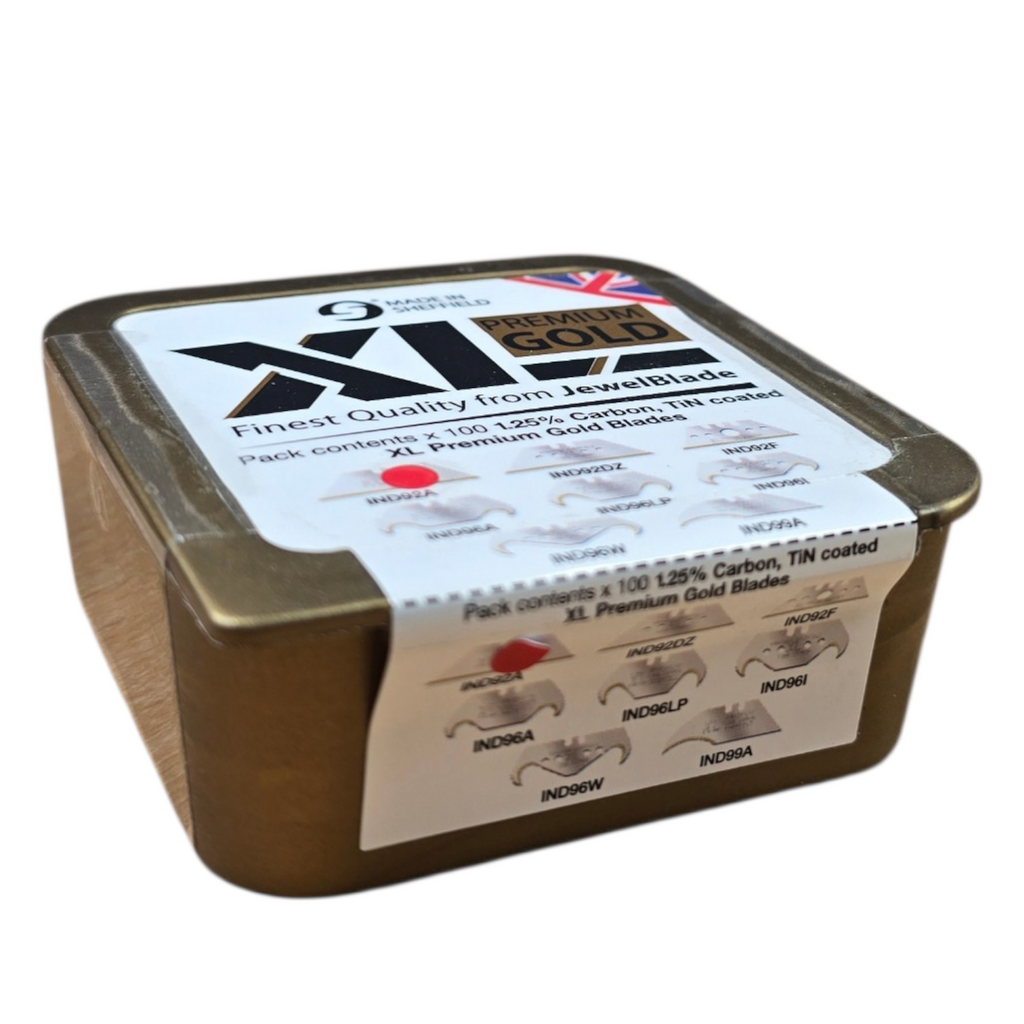 100 x  Utility Blades Heavy Duty XL Premium Gold 2 Notch Trimming Utility Blades.  – Made in Sheffield, England