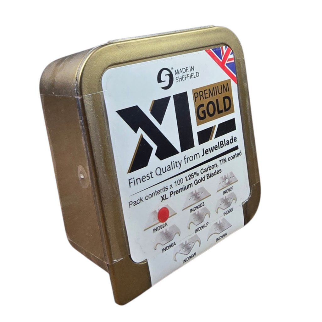 100 x  Utility Blades Heavy Duty XL Premium Gold 2 Notch Trimming Utility Blades.  – Made in Sheffield, England