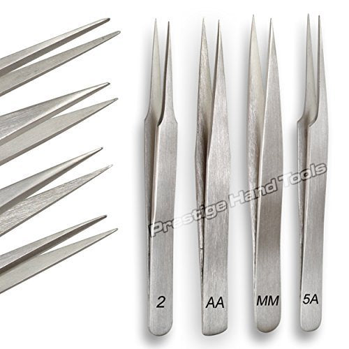 Watchmaker's Tweezers Set of 4, Non-Magnetic No. 2, AA, MM, and 5A, Precision Watch Repair & Jewellery Making Tools