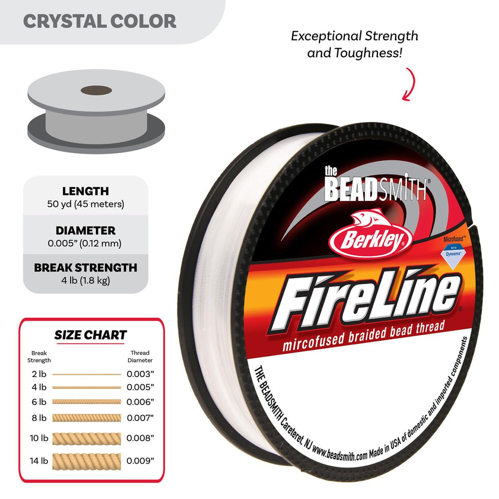 Beadsmith Fireline Braided Thread – 4lb. Test, 005”/.12mm Diameter, 50 Yard Spool, Crystal
