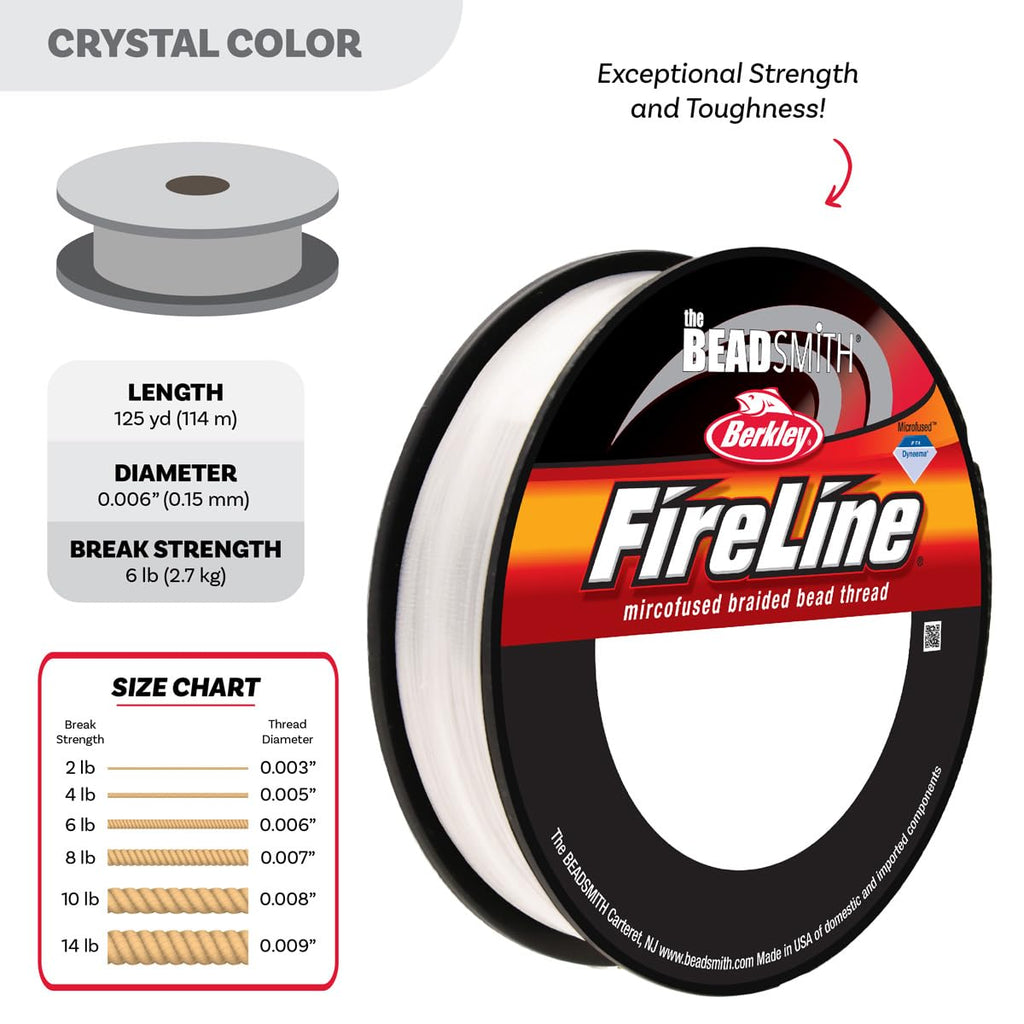 Beadsmith FireLine by Berkley 6lb Crystal Braided Thread, 0.006”/0.15mm, 125 Yard Spool for Jewellery Making & Bead Weaving