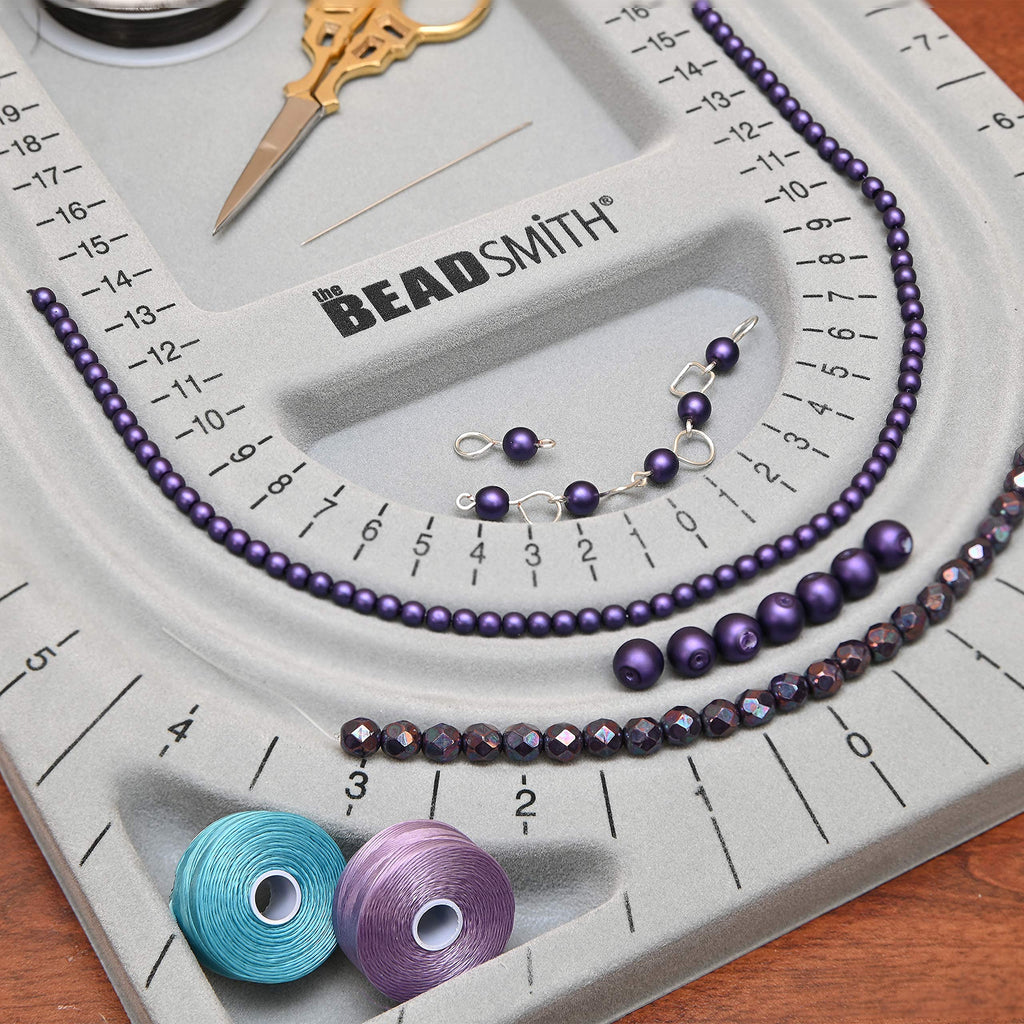 The Beadsmith Bead Board, Grey Flocked, 3 U-Shaped Channels, 6 Recessed Compartments, 9.5 x 13