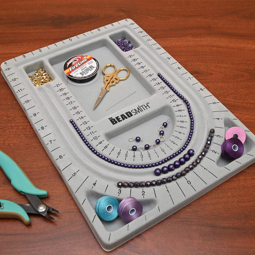 The Beadsmith Bead Board, Grey Flocked, 3 U-Shaped Channels, 6 Recessed Compartments, 9.5 x 13