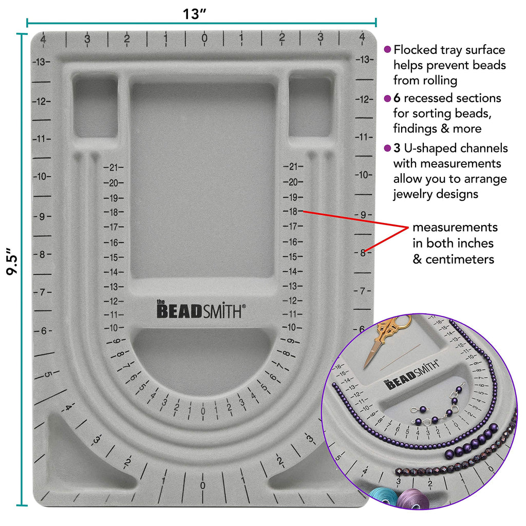 The Beadsmith Bead Board, Grey Flocked, 3 U-Shaped Channels, 6 Recessed Compartments, 9.5 x 13