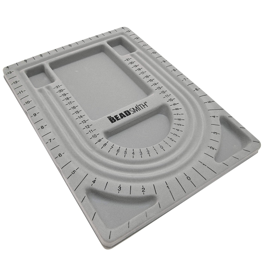 The Beadsmith Bead Board, Grey Flocked, 3 U-Shaped Channels, 6 Recessed Compartments, 9.5 x 13