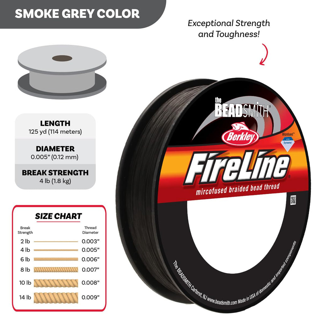 The Beadsmith Fireline by Berkley, 4lb Micro-Fused Braided Thread, 0.005” / 0.12mm, 125 yd Spool Smoke Grey for Bead Weaving Jewelry Making