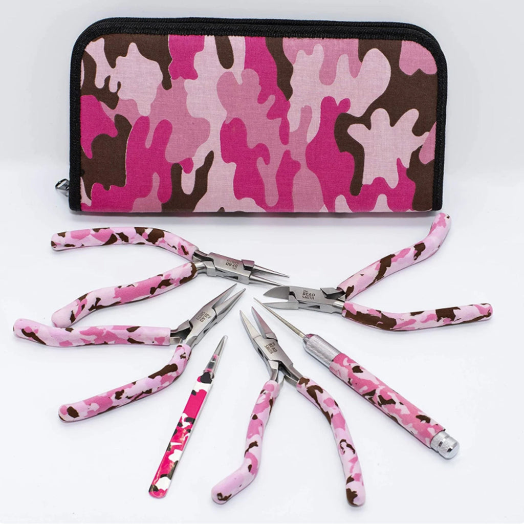 BeadSmith Pink Camo 6-Piece Gun Handle Jewellery Tool Kit | Pliers Set for Beading & Crafting