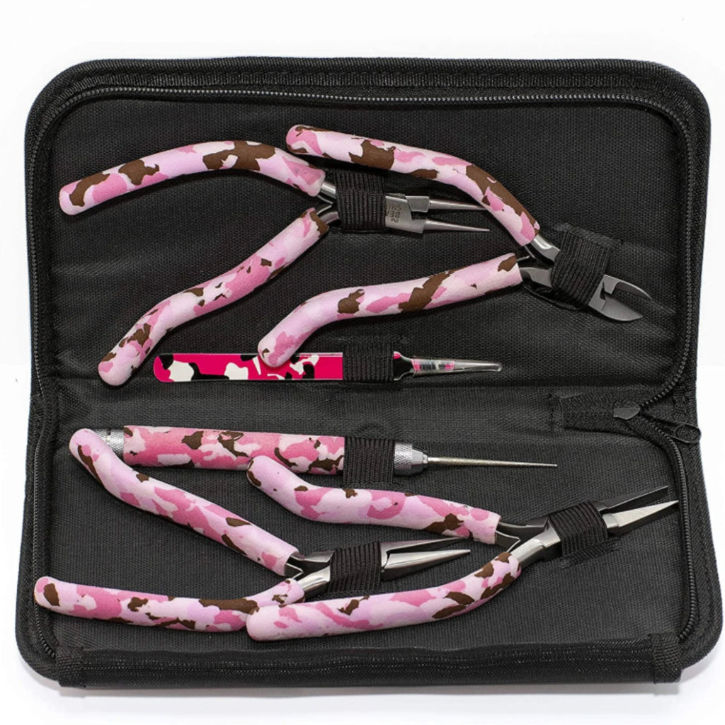 BeadSmith Pink Camo 6-Piece Gun Handle Jewellery Tool Kit | Pliers Set for Beading & Crafting