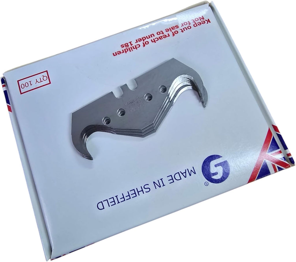 100 x Super Hook Carpet Knife Blades – Premium Quality – Made in Sheffield, England