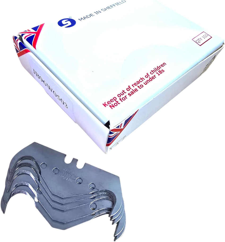 100 x Super Hook Carpet Knife Blades – Premium Quality – Made in Sheffield, England