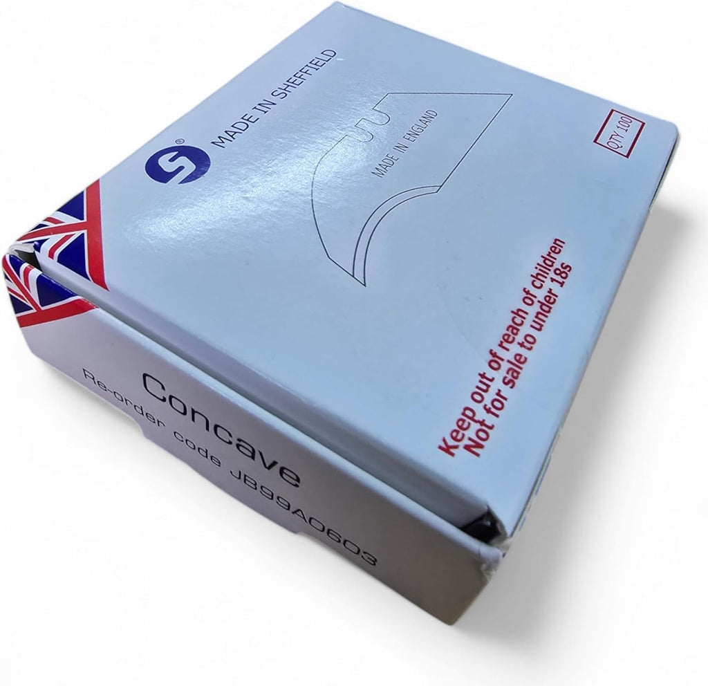 100 x Concave Carpet Knife Blades – Precision Cutting – Made in Sheffield, England