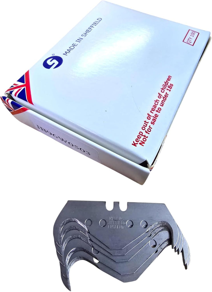 100 x Super Hook Carpet Knife Blades – Premium Quality – Made in Sheffield, England