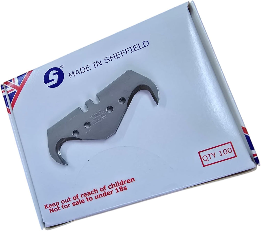 200 X Super Hook Carpet Knife Blades – Heavy Duty Cutting Blades – Made in Sheffield, England