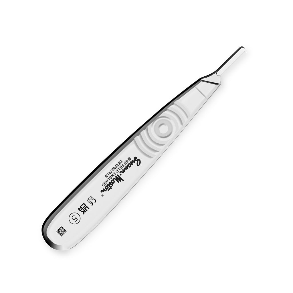 Swann-Morton No. 5 surgical scalpel handle angled view showing Sheffield England marking and size 5 stamp