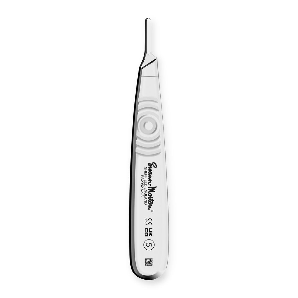 Swann-Morton No. 5 stainless steel scalpel handle code 0905 with ergonomic thumb grip, front view on white